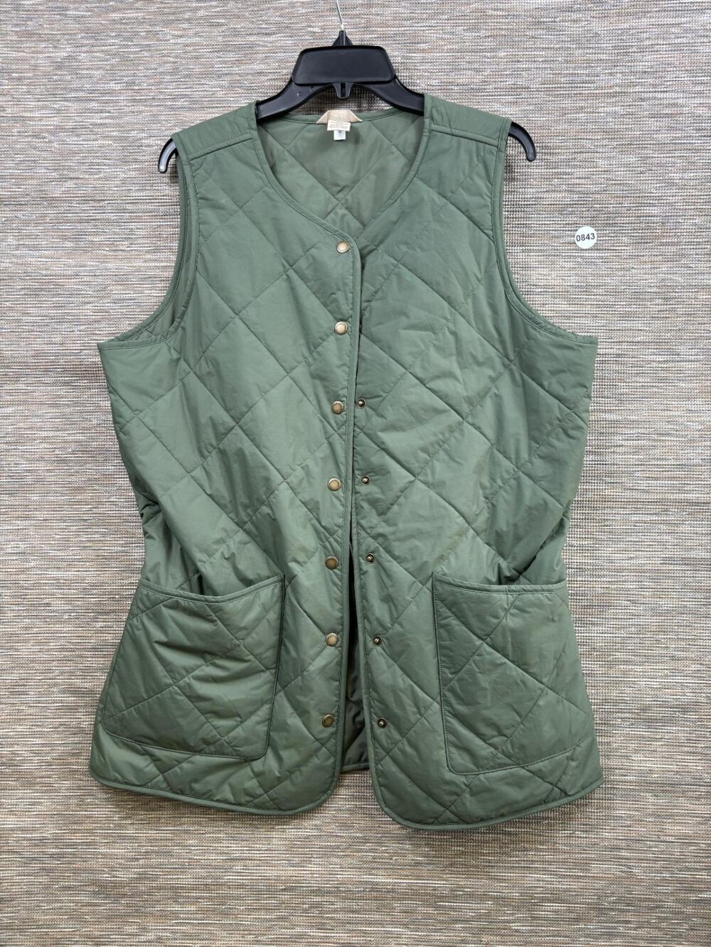 Duluth Trading Co Quilted Vest Womens L Green Snap Buttons Collarless Insulated